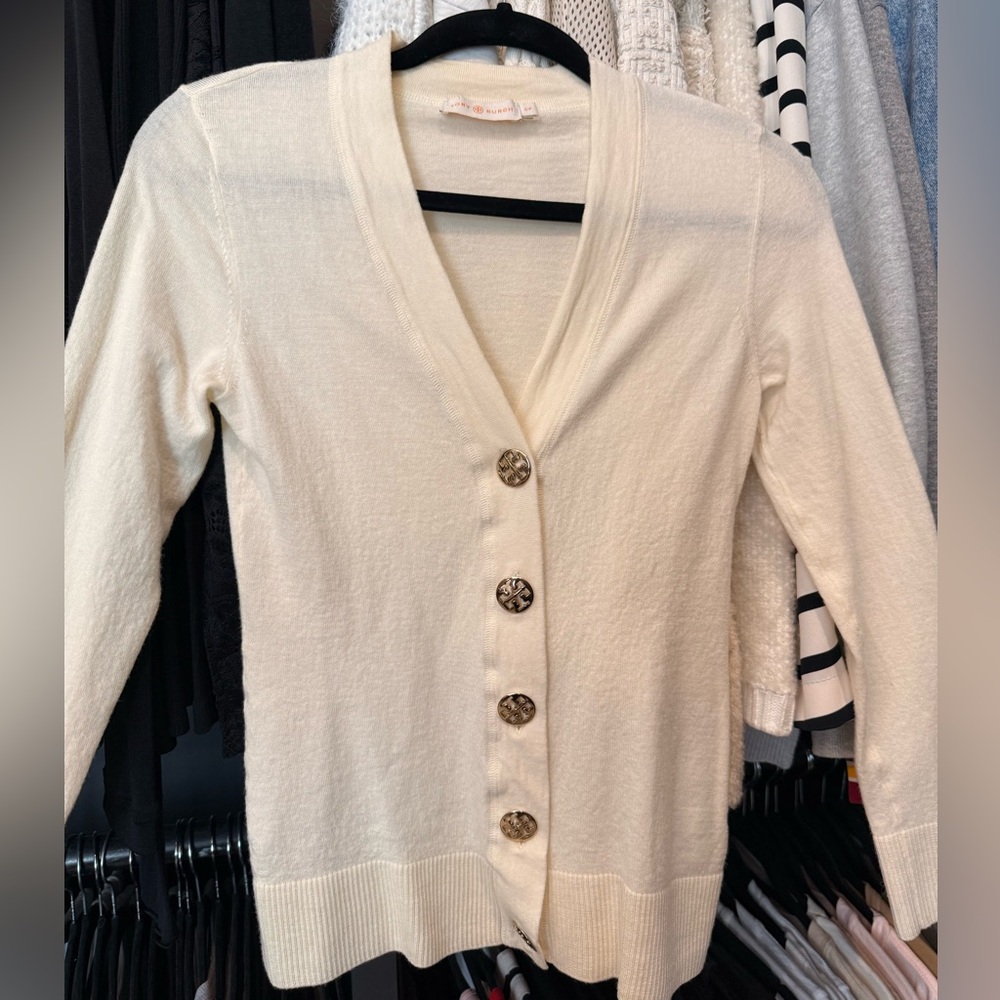 Women’s Tory Burch Cream Logo Button Cardigan Sweater Ivory Size Small